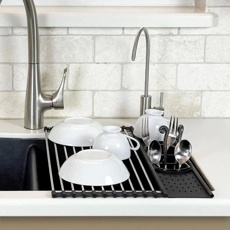 Stainless Steel Roll-up Dish Drying Rack With Utensil Holder