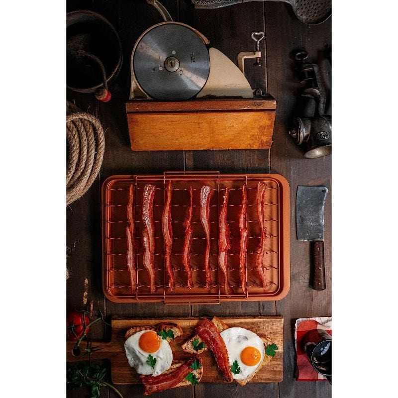 GOTHAM STEEL 2 Pc Baking Pan with Rack for Crispy Bacon + Air Fryer Basket  for Bacon with Grease Catcher, Nonstick Bacon Cooker for Oven/Copper Bacon
